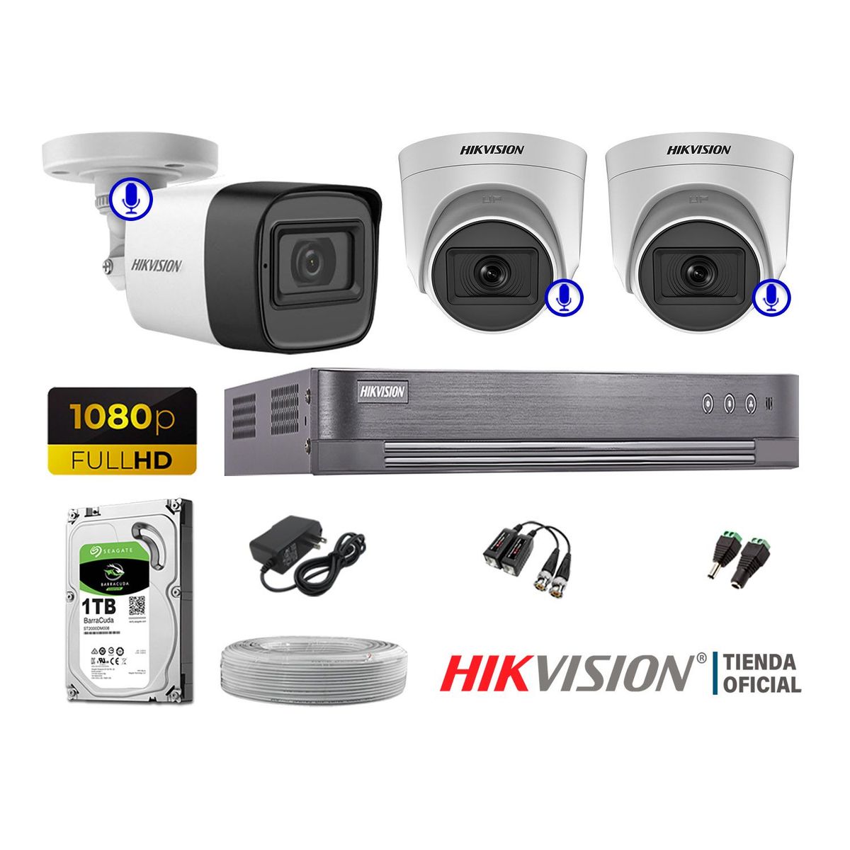 HIKVISION - KIT 3 CÁMARAS SEGURIDAD FULL HD 3 CAMARA AUDIO INCORPORAD