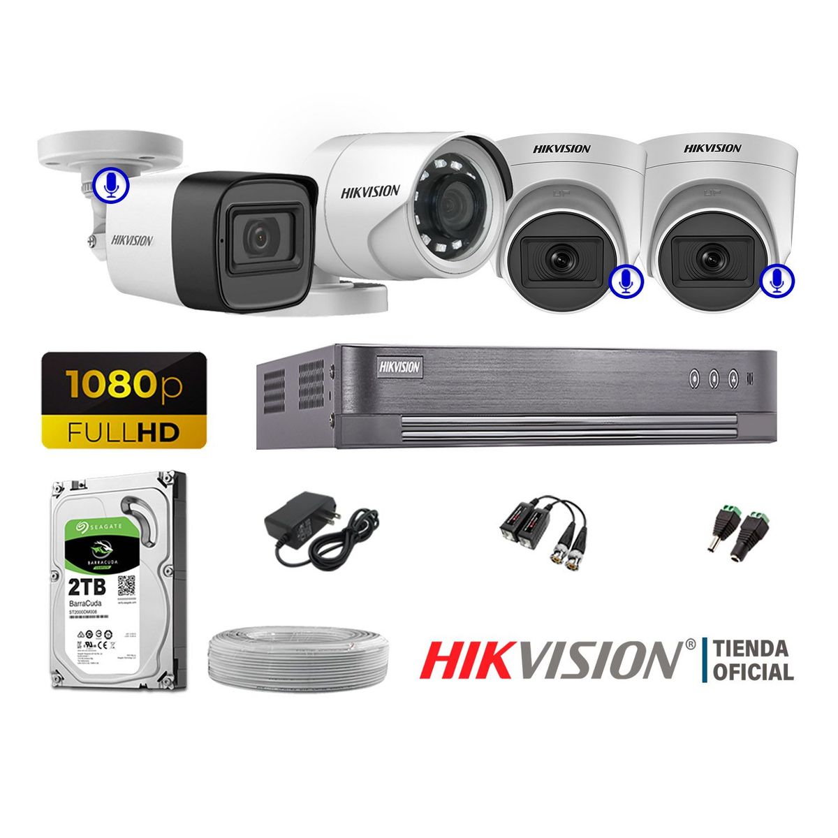 HIKVISION - KIT 4 CÁMARAS SEGURIDAD FULL HD 3 CAMARA CON AUDIO