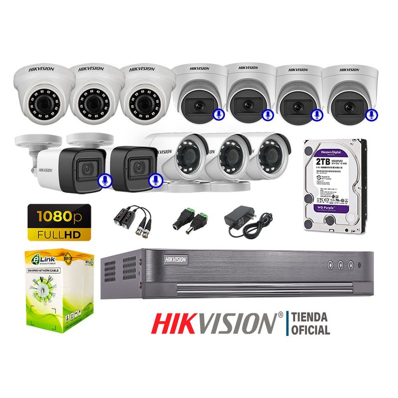 HIKVISION - KIT 12 CÁMARAS SEGURIDAD FULL HD 6 CAMARA CON AUDIO
