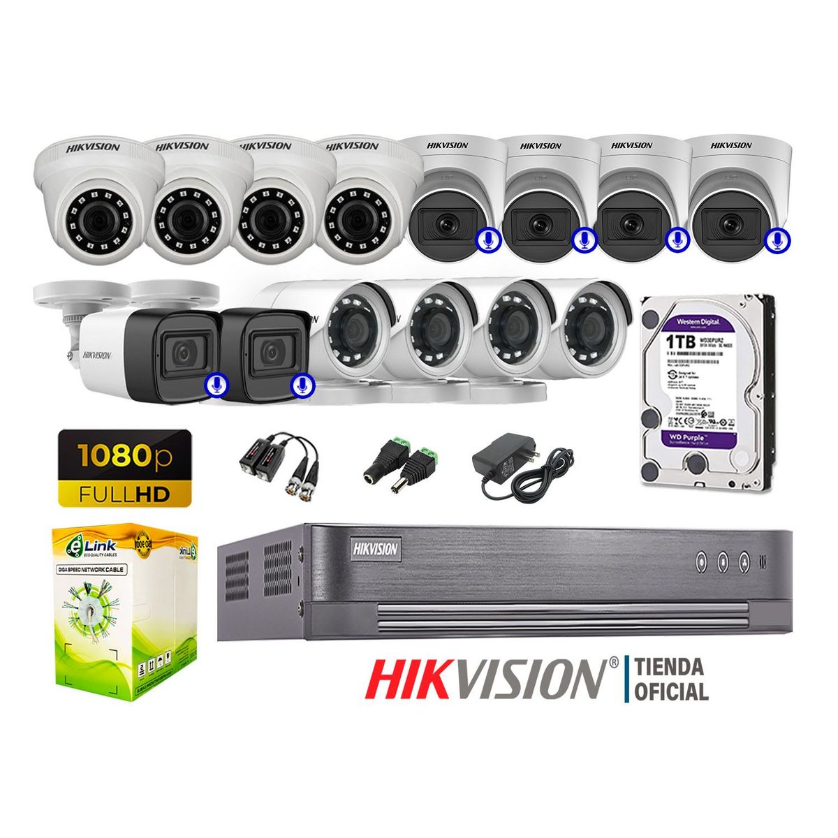 HIKVISION - KIT 14 CÁMARAS SEGURIDAD FULL HD 6 CAMARA AUDIO INCORPORAD