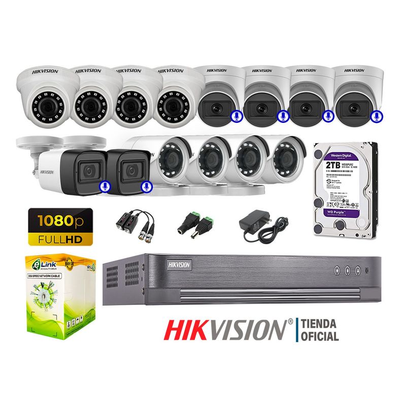 HIKVISION - KIT 14 CÁMARAS SEGURIDAD FULL HD 6 CAMARA CON AUDIO