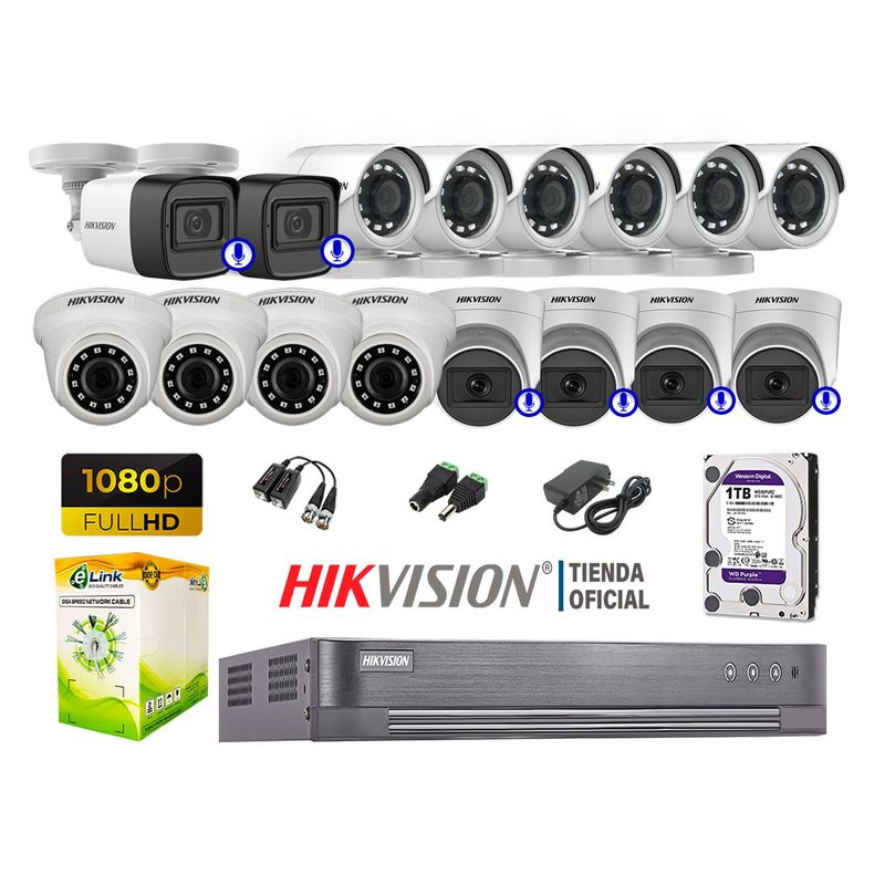 HIKVISION - KIT 16 CÁMARAS SEGURIDAD FULL HD 6 CAMARA CON AUDIO