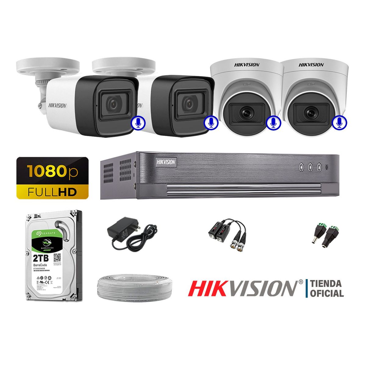 HIKVISION - KIT 4 CÁMARAS SEGURIDAD AUDIO INCORPORADO FULL HD 1080P HDMI