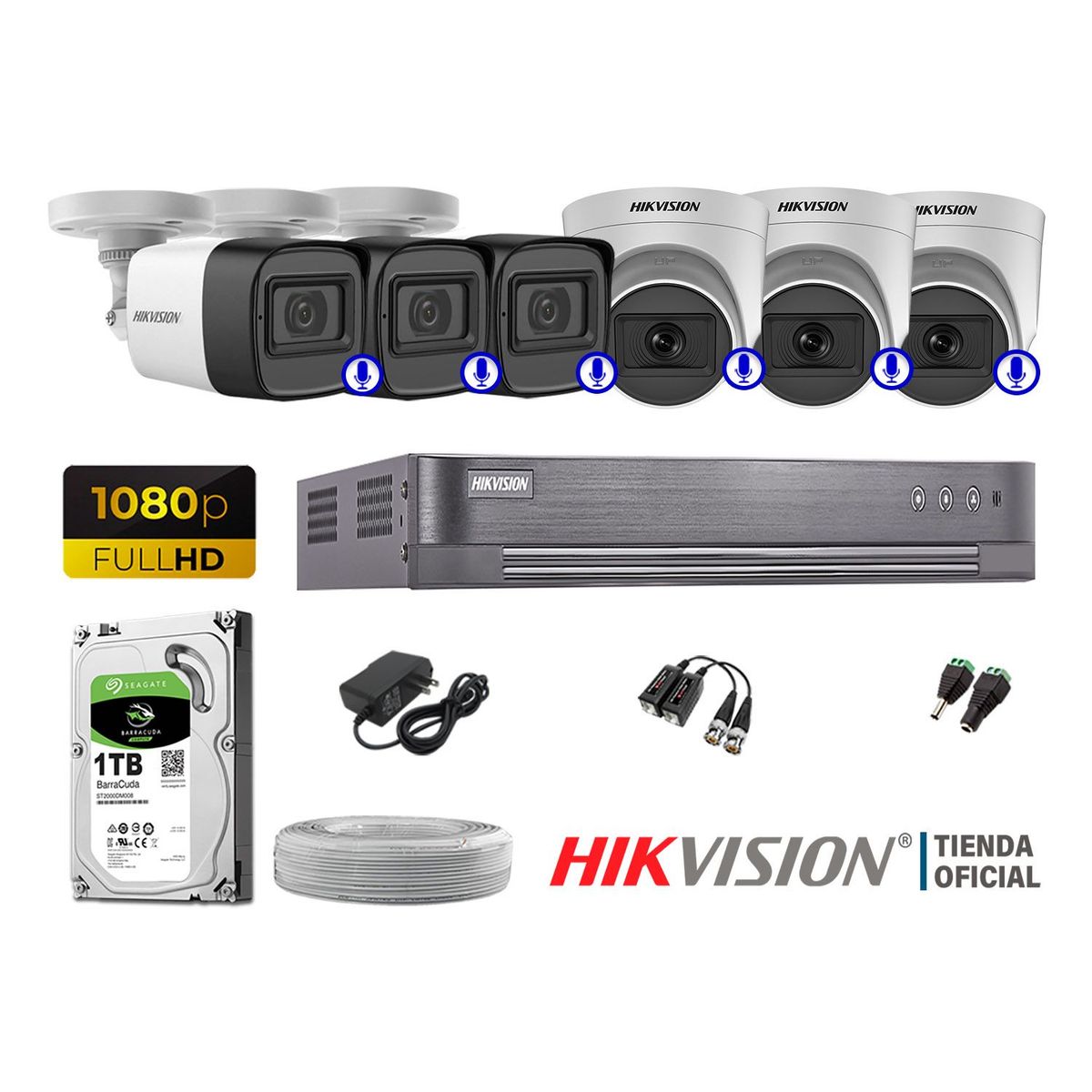 HIKVISION - KIT 6 CÁMARAS SEGURIDAD AUDIO INCORPORADO FULL HD 1080P P2P