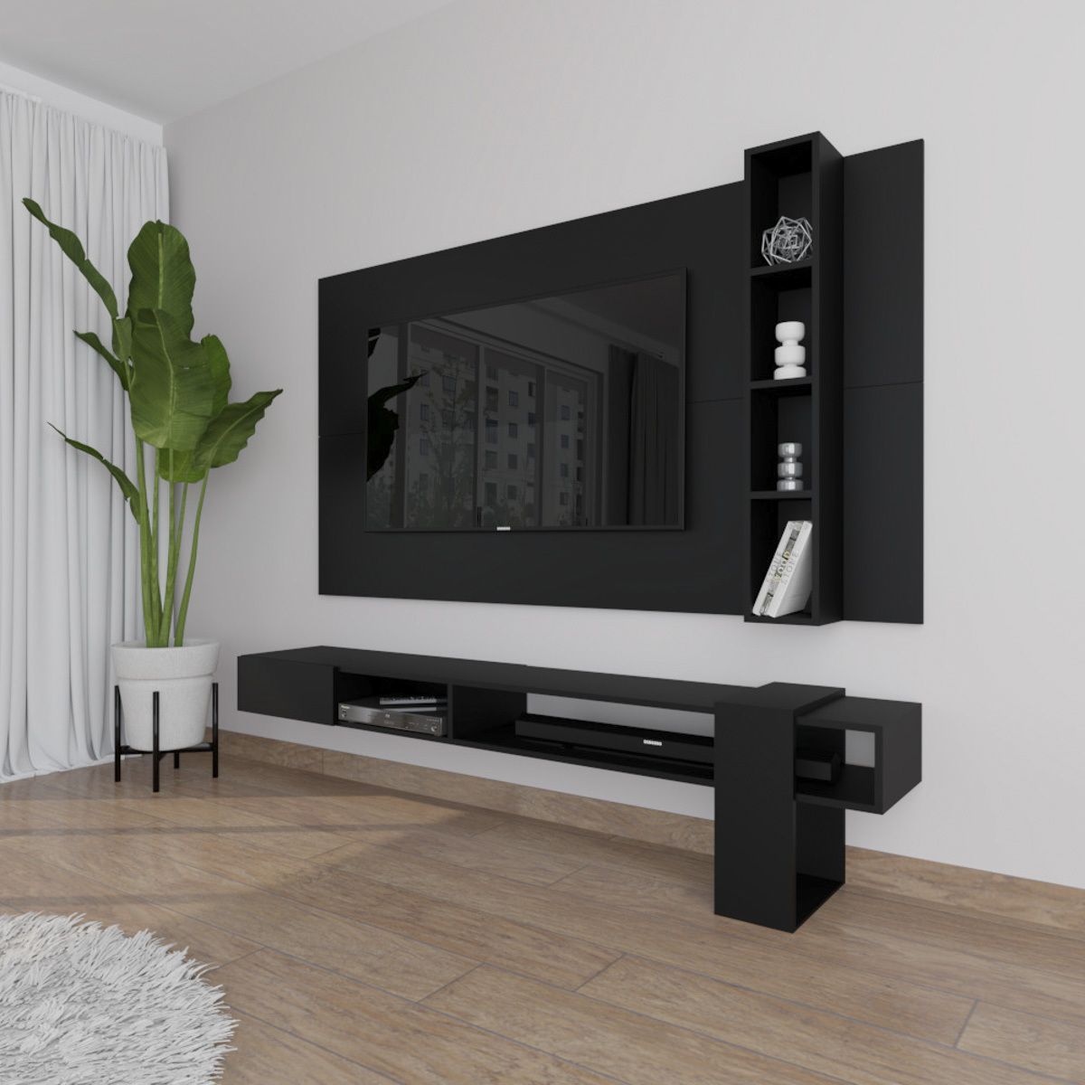 MOVENDA - Centro de Entretenimiento 65″ Gravatai Mesa de TV y Panel Movenda Negro