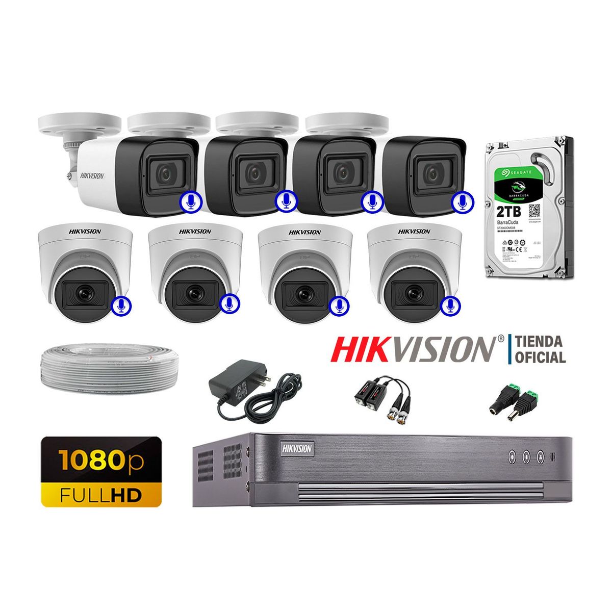 HIKVISION - KIT 8 CÁMARAS SEGURIDAD AUDIO INCORPORADO FULL HD 1080P HDMI