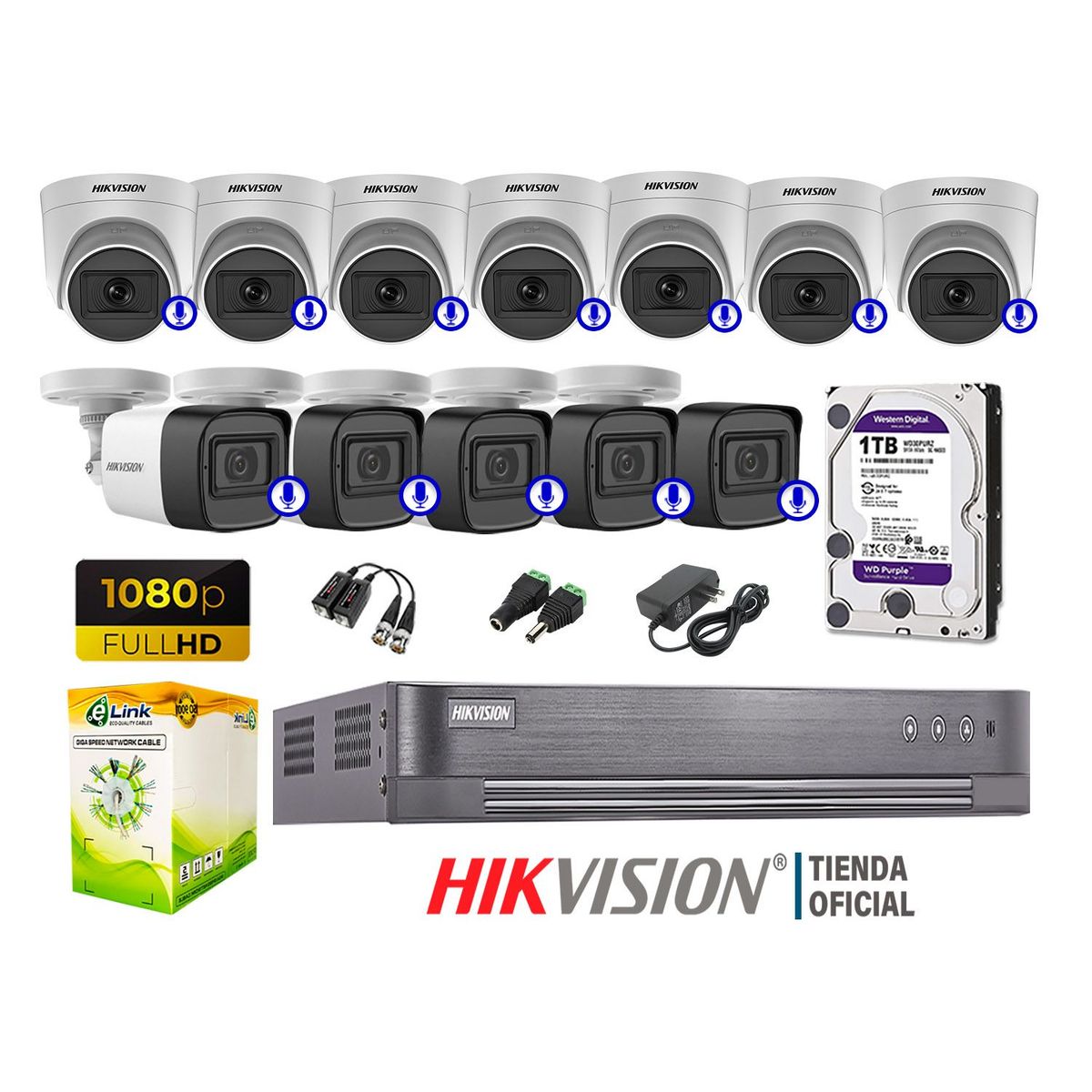 HIKVISION - KIT 12 CÁMARAS SEGURIDAD AUDIO INCORPORADO FULL HD 1080P P2P
