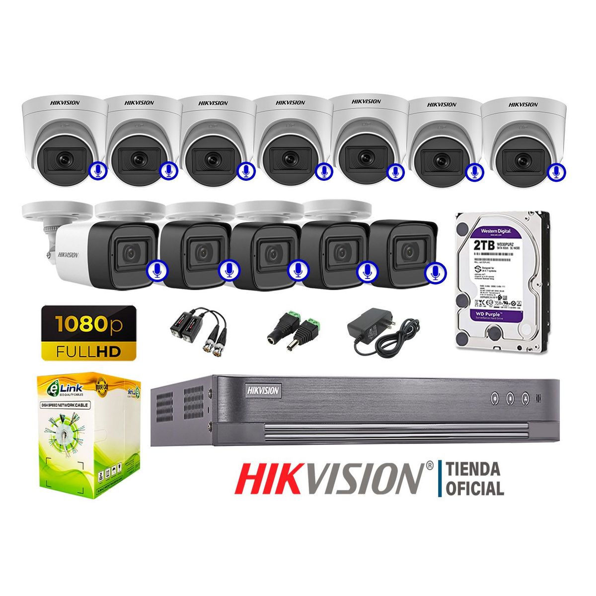 HIKVISION - KIT 12 CÁMARAS SEGURIDAD AUDIO INCORPORADO FULL HD 1080P HDMI