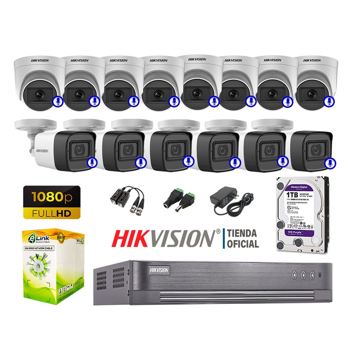 HIKVISION - KIT 14 CÁMARAS SEGURIDAD AUDIO INCORPORADO FULL HD 1080P P2P