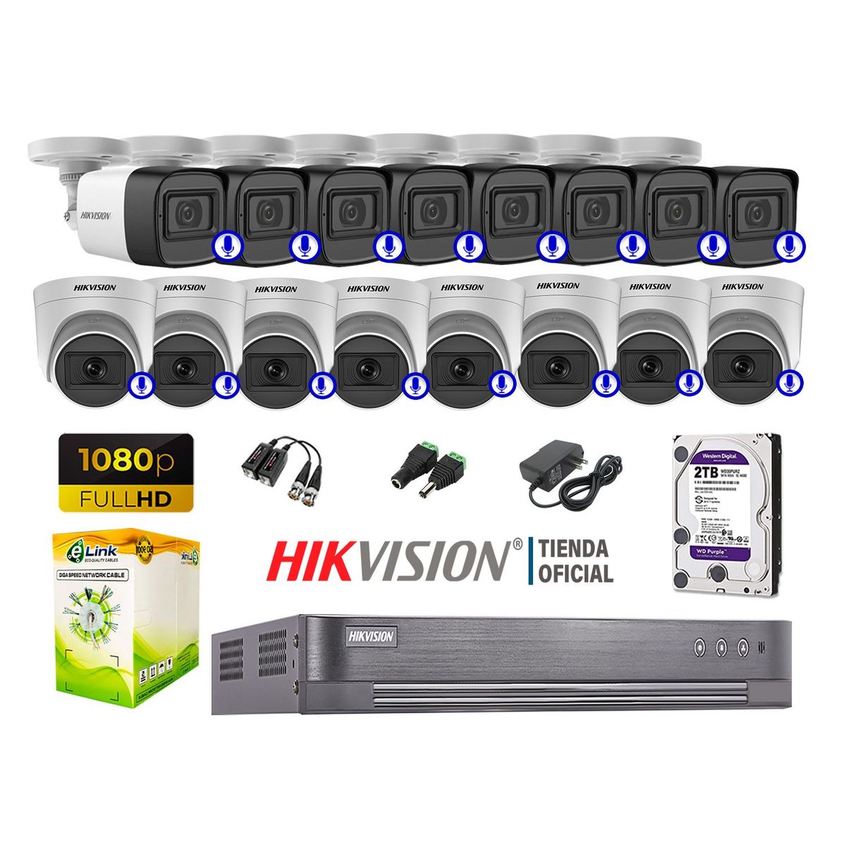 HIKVISION - KIT 16 CÁMARAS SEGURIDAD AUDIO INCORPORADO FULL HD 1080P HDMI