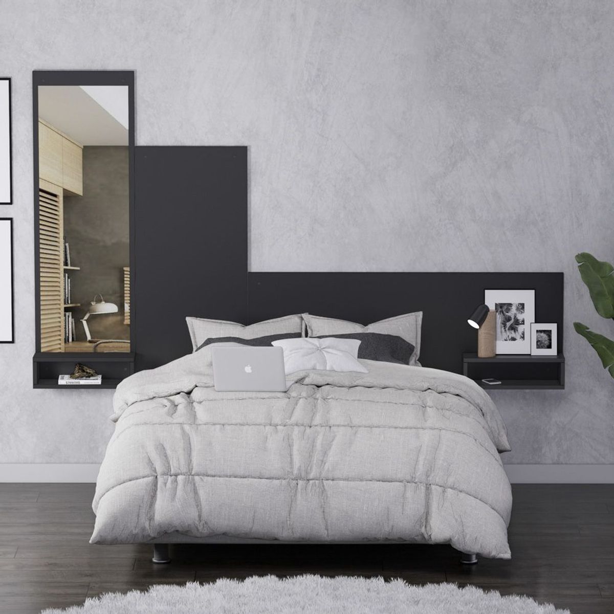 MOVENDA - Cabecera Flotante 2 Plazas Olivo con Espejo Movenda Negro