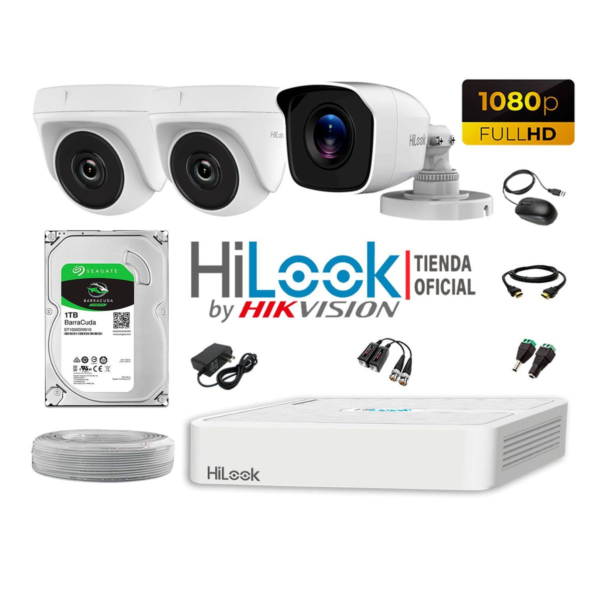 HILOOK - CÁMARAS SEGURIDAD KIT 3 FULL HD 1080P + DISCO 1TB COMPLETO