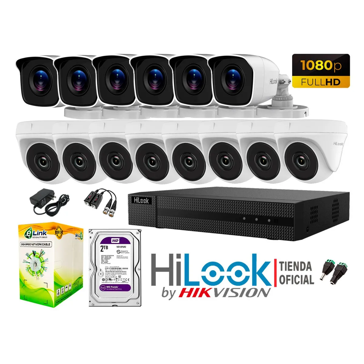 HILOOK - CÁMARAS SEGURIDAD KIT 14 FULL HD 1080P + DISCO 2TB COMPLETO