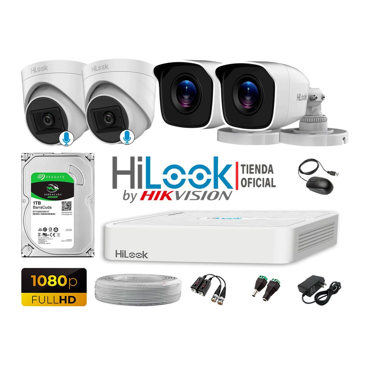 HILOOK - KIT 4 CÁMARAS SEGURIDAD FULL HD 2 CAMARA AUDIO INCORPORADO + DISCO 1TB
