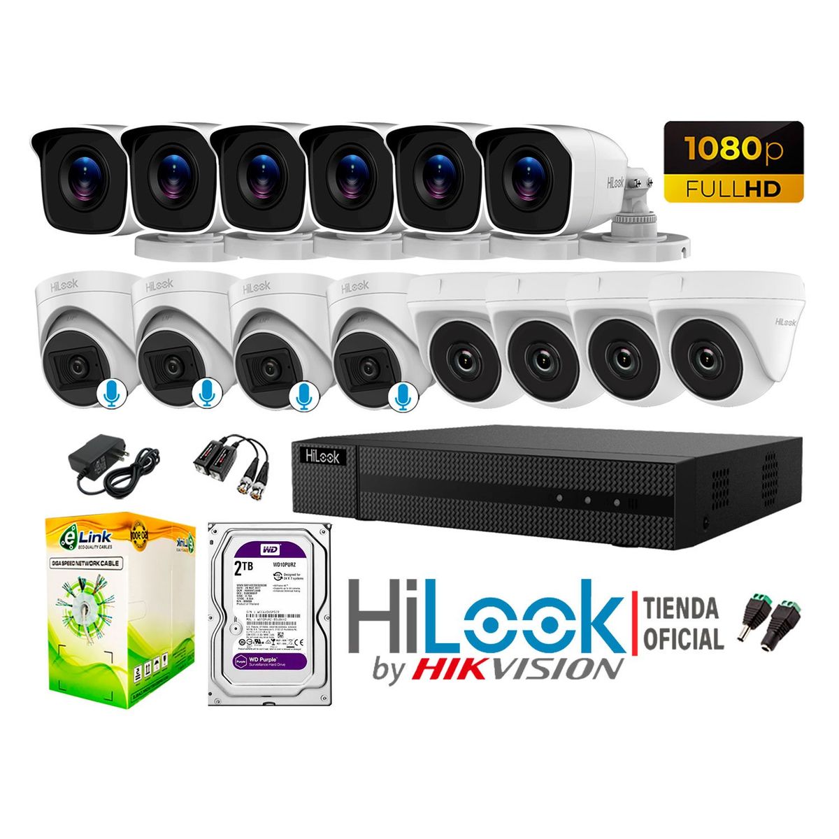 HILOOK - KIT 14 CÁMARAS SEGURIDAD FULL HD 04 CAMARA AUDIO INCORPORADO DISCO 2TB