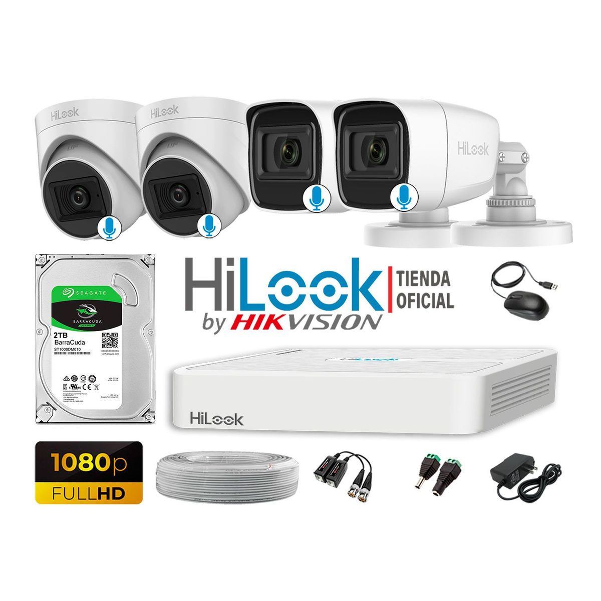 HILOOK - KIT 4 CÁMARAS SEGURIDAD AUDIO INCORPORADO FULL HD 1080P + DISCO 2TB