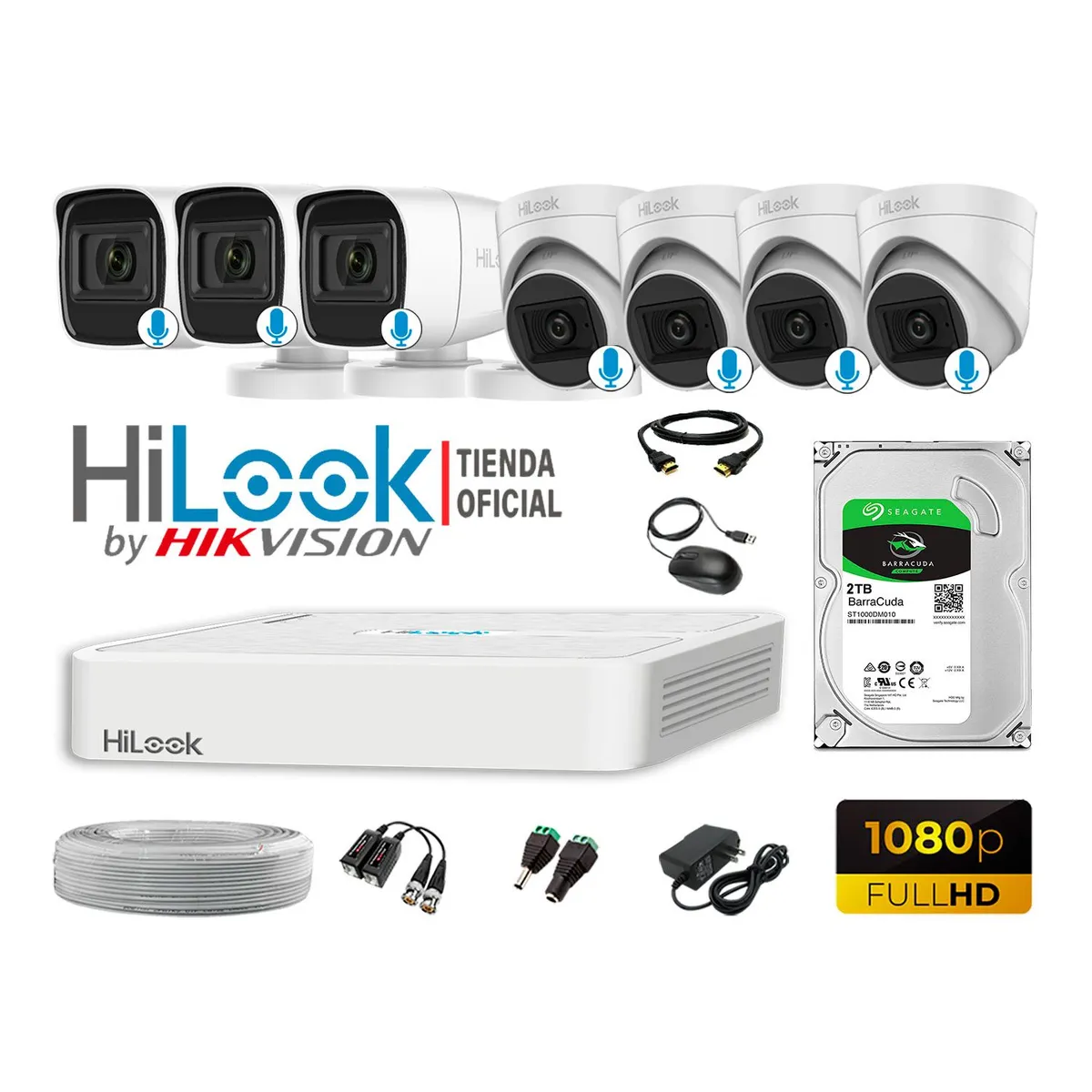 HILOOK - KIT 7 CÁMARAS SEGURIDAD AUDIO INCORPORADO FULL HD 1080P + DISCO 2TB