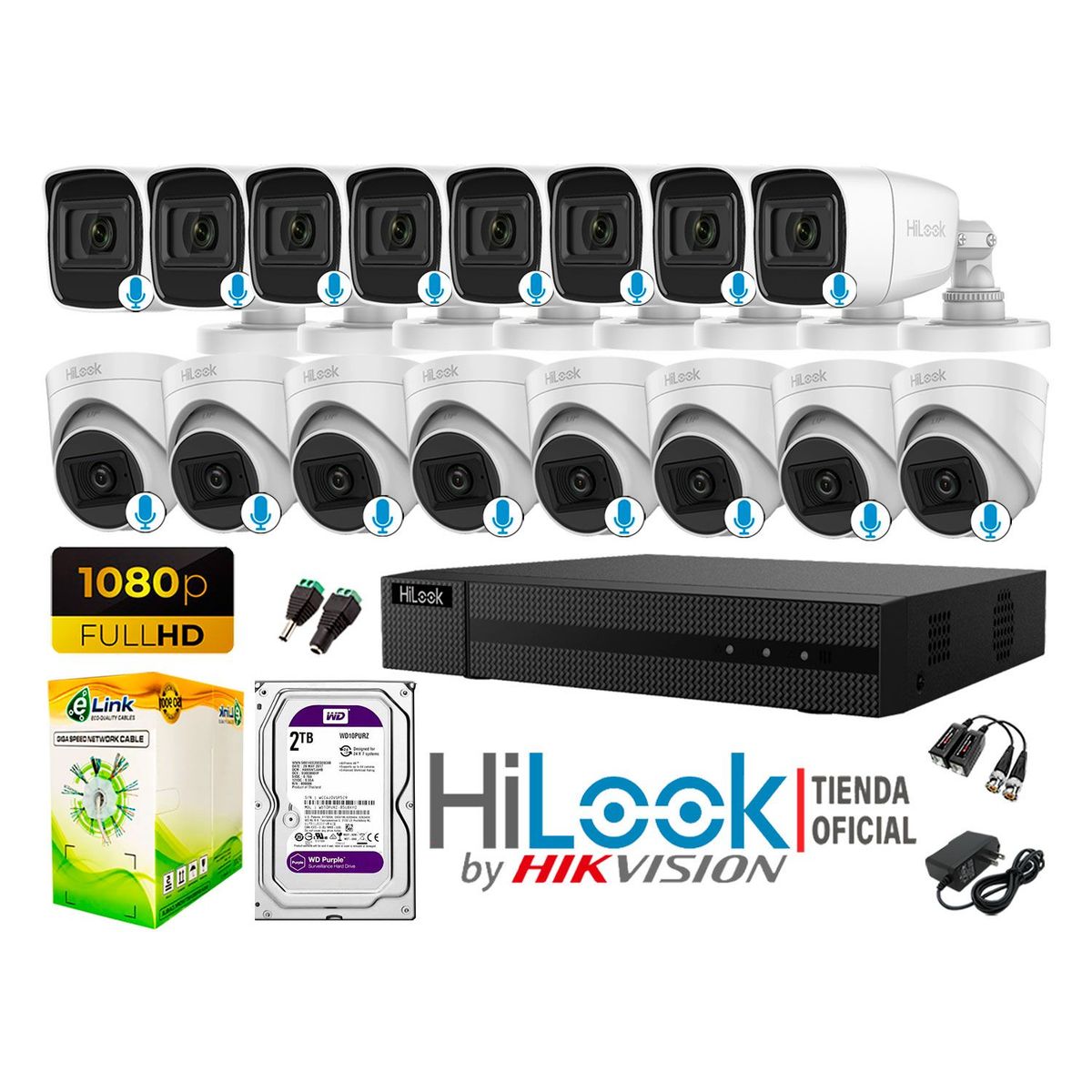 HILOOK - KIT 16 CÁMARAS SEGURIDAD AUDIO INCORPORADO FULL HD 1080P + DISCO 2TB
