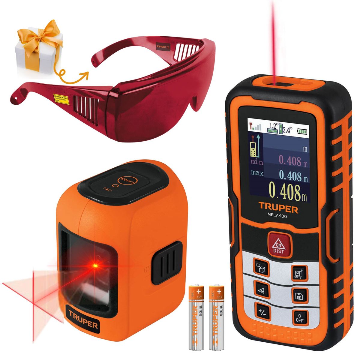 TRUPER - KIT Medidor de distancia laser 100 m, nivel laser. lente para laser