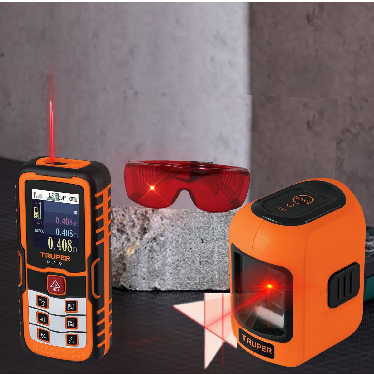 TRUPER - KIT Medidor de distancia laser 100 m, nivel laser. lente para laser