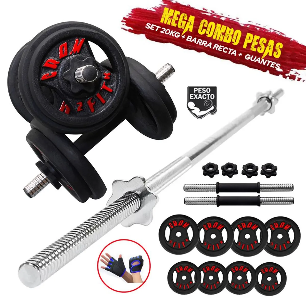 HOLGU - Super Pesas 20kg + Barra Z Ó Recta  Mancuernas GUANTES