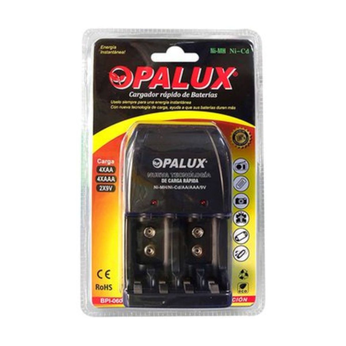 OPALUX - Cargador de Baterías Pilas Recargables 9VAAAAA Opalux Negro