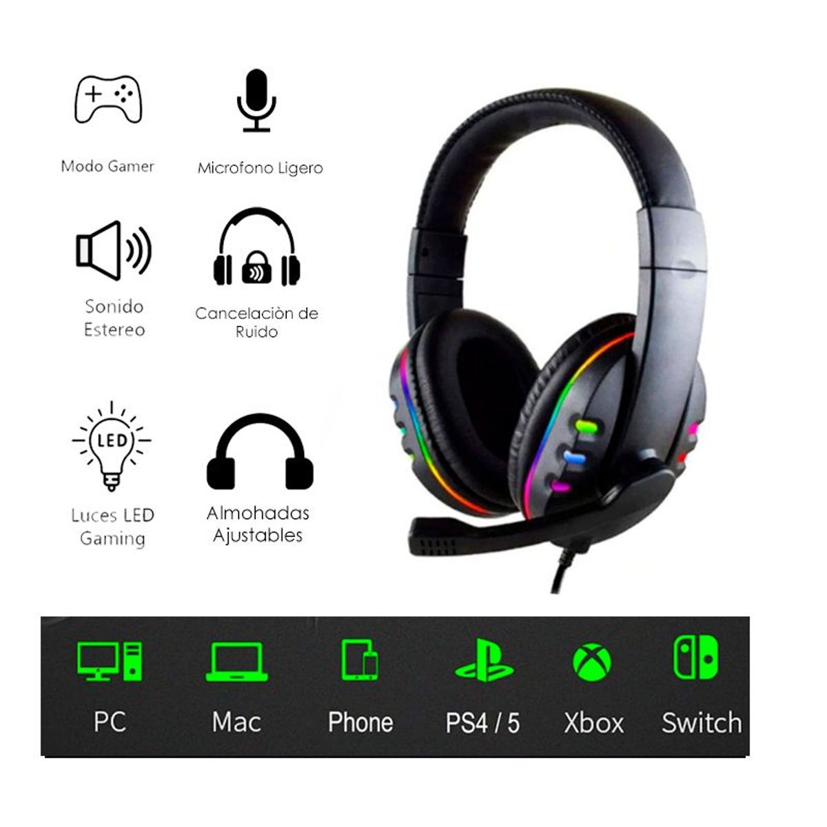 GENERICO - Audífonos Gamer Con Luces RGB Auriculares para PS4  PC  Laptop