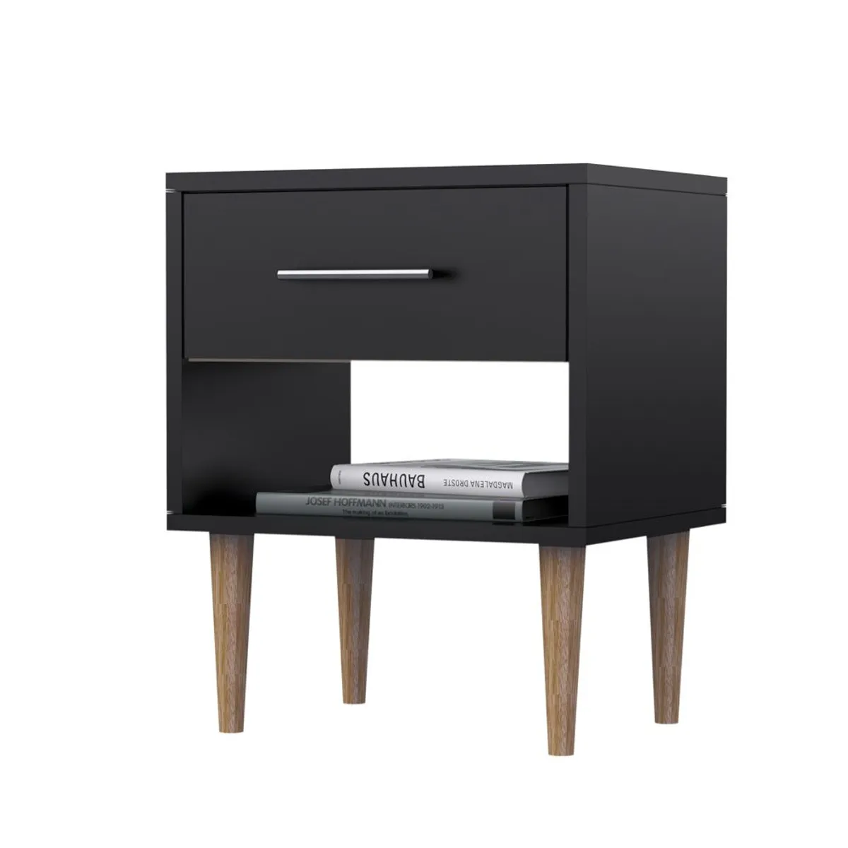 MOVENDA - Mesa de Noche Altea con 1 Cajon y Patas de Madera Movenda Negro