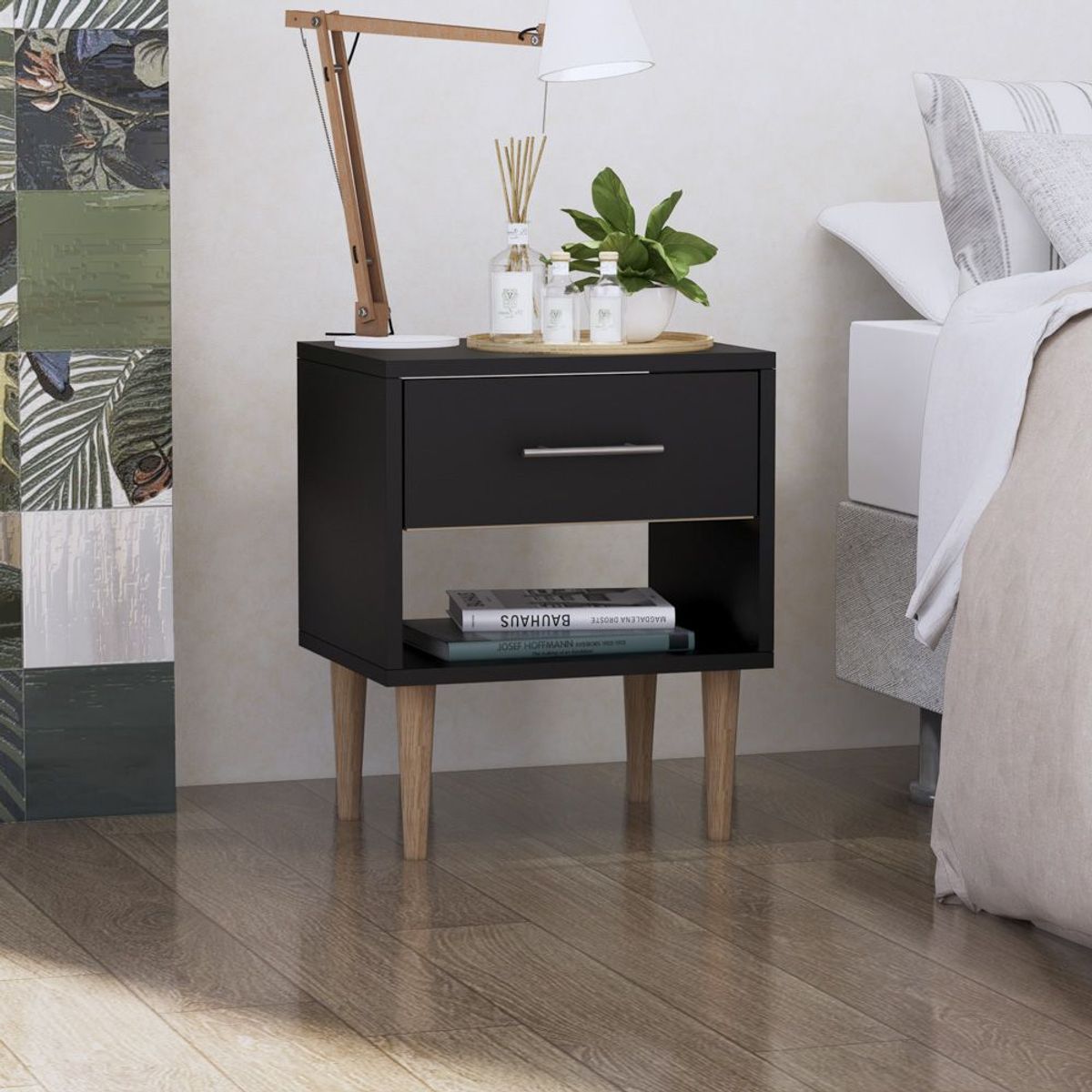 MOVENDA - Mesa de Noche Altea con 1 Cajon y Patas de Madera Movenda Negro