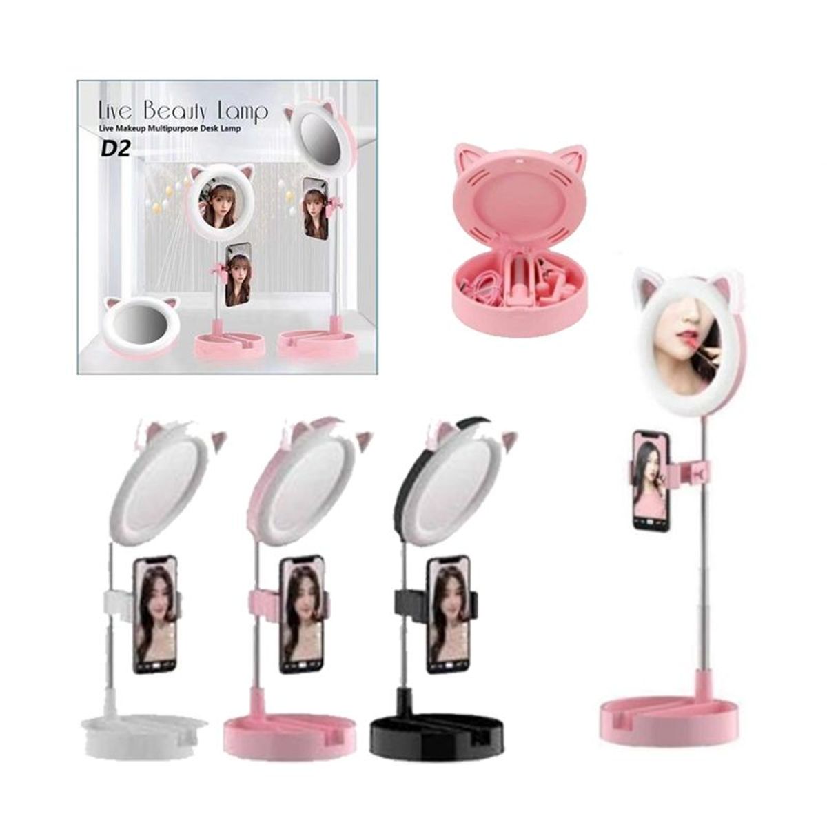 GENERICO - Espejo Para Maquillaje Gato Con Luz Led con soporte celular Streaming