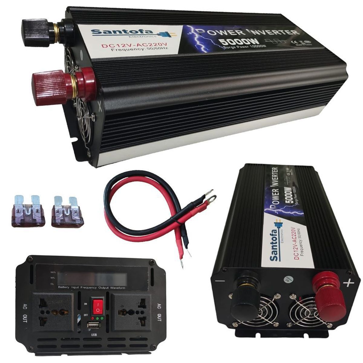 SANTOFA ELECTRONICS - Inversor De Corriente 12v A 220v 5000w 1 Usb 2 Sockets Lcd