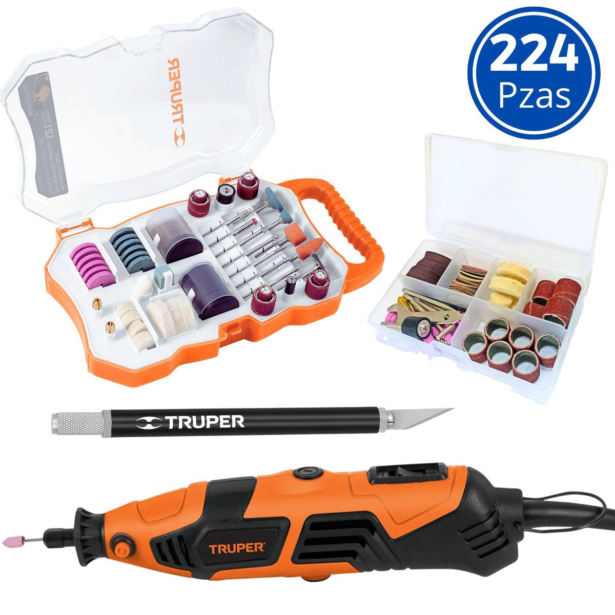 TRUPER - Kit mini taladro rectificadora 224 piezas, truper