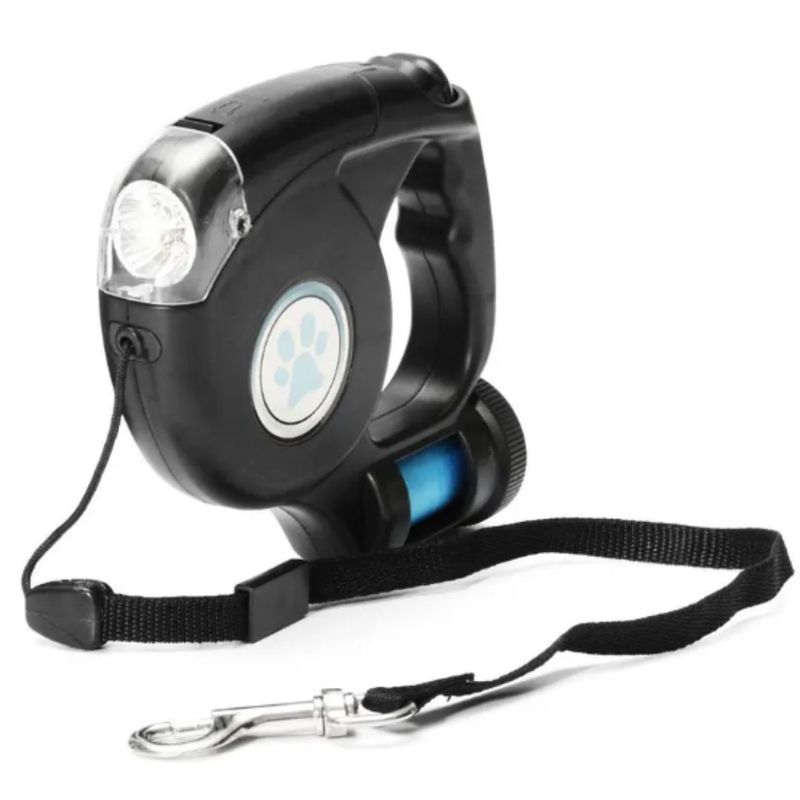 GENERICO - Correa retractil con linterna 3 en 1 para perros  Negro.