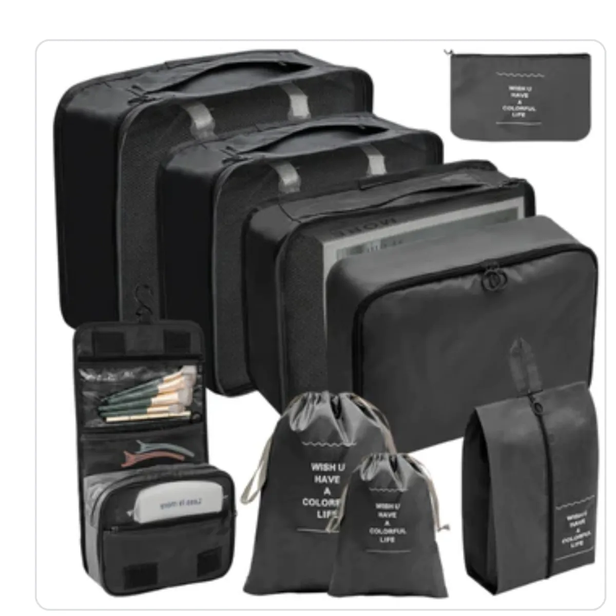 AURELA - Pack de 9 Organizadores de Maleta para Viaje color Negro