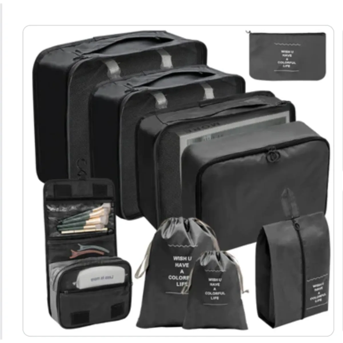 AURELA - Pack de 9 Organizadores de Maleta para Viaje color Negro