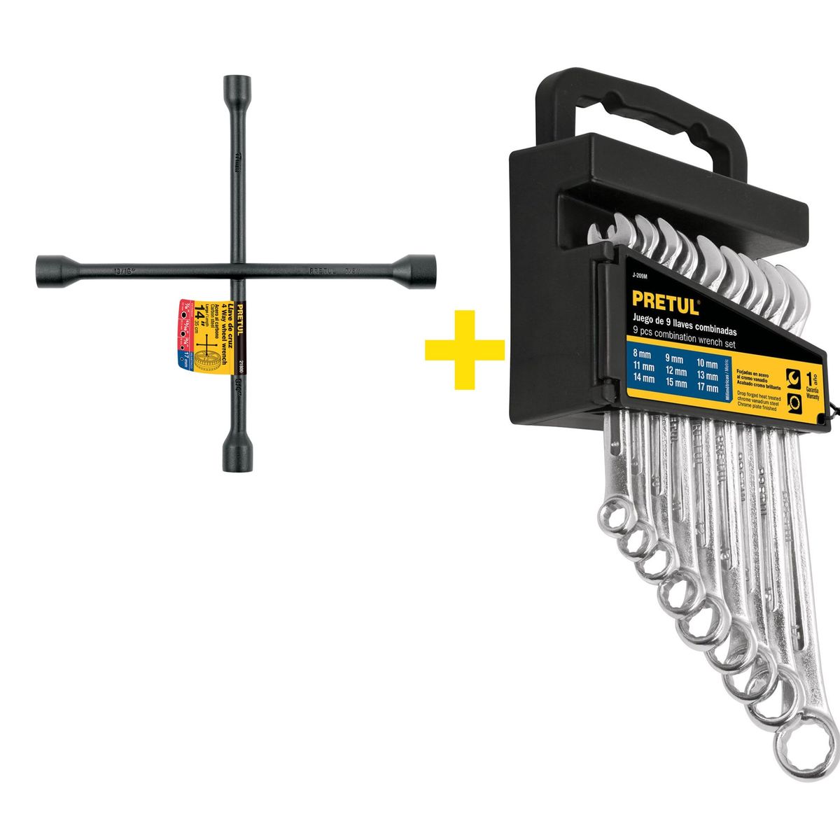 PRETUL - Llave de ruedas Cruz 14" +llaves mixtas combinadas 9 piezas, Pretul