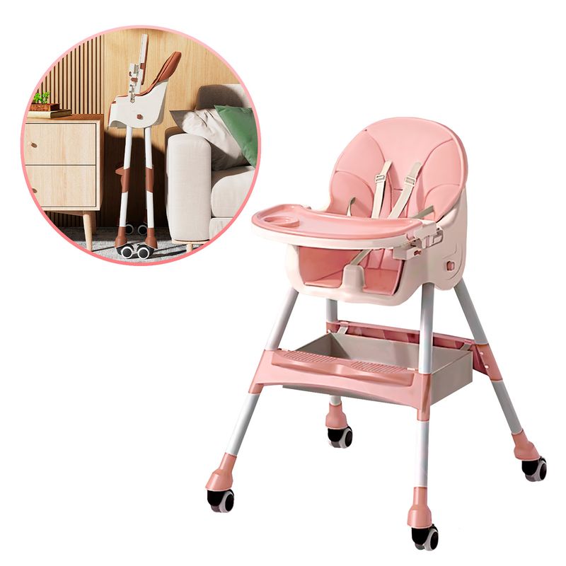 BUYPAL - Silla de Comer Bebe Plegable Rodante Multifuncional Rosado