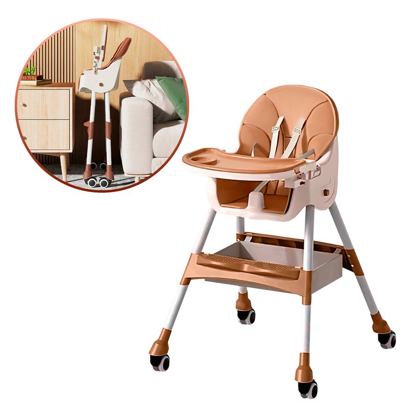 BUYPAL - Silla de Comer Bebe Plegable Rodante Multifuncional Marron