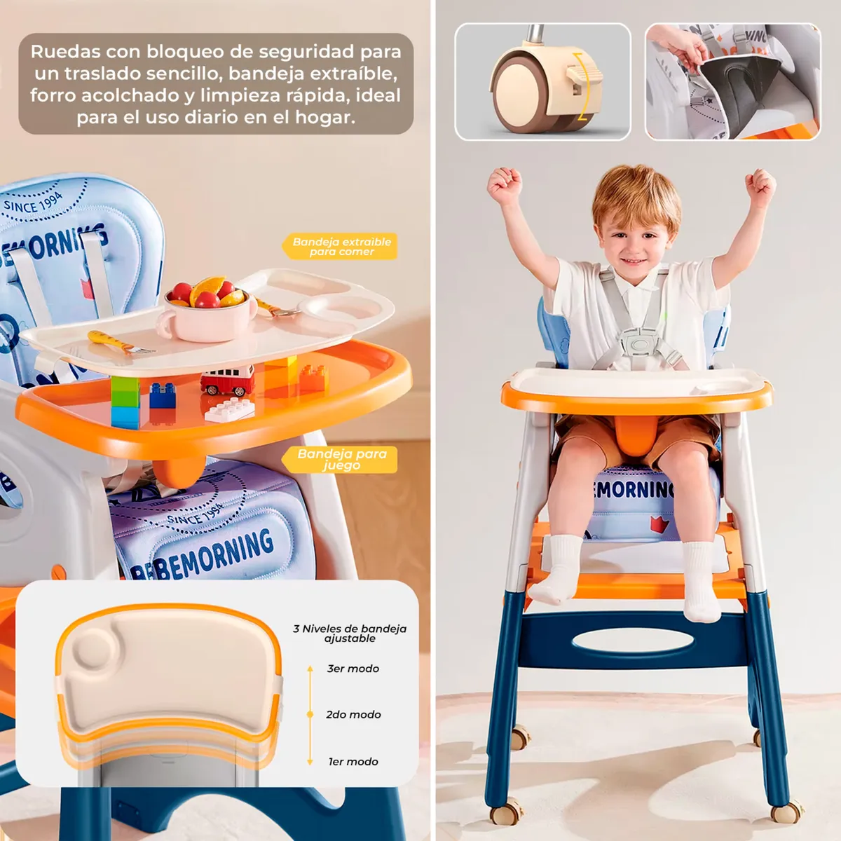 BABYPAL - Silla de Comer Bebe Plegable Rodante Multifuncional Azul