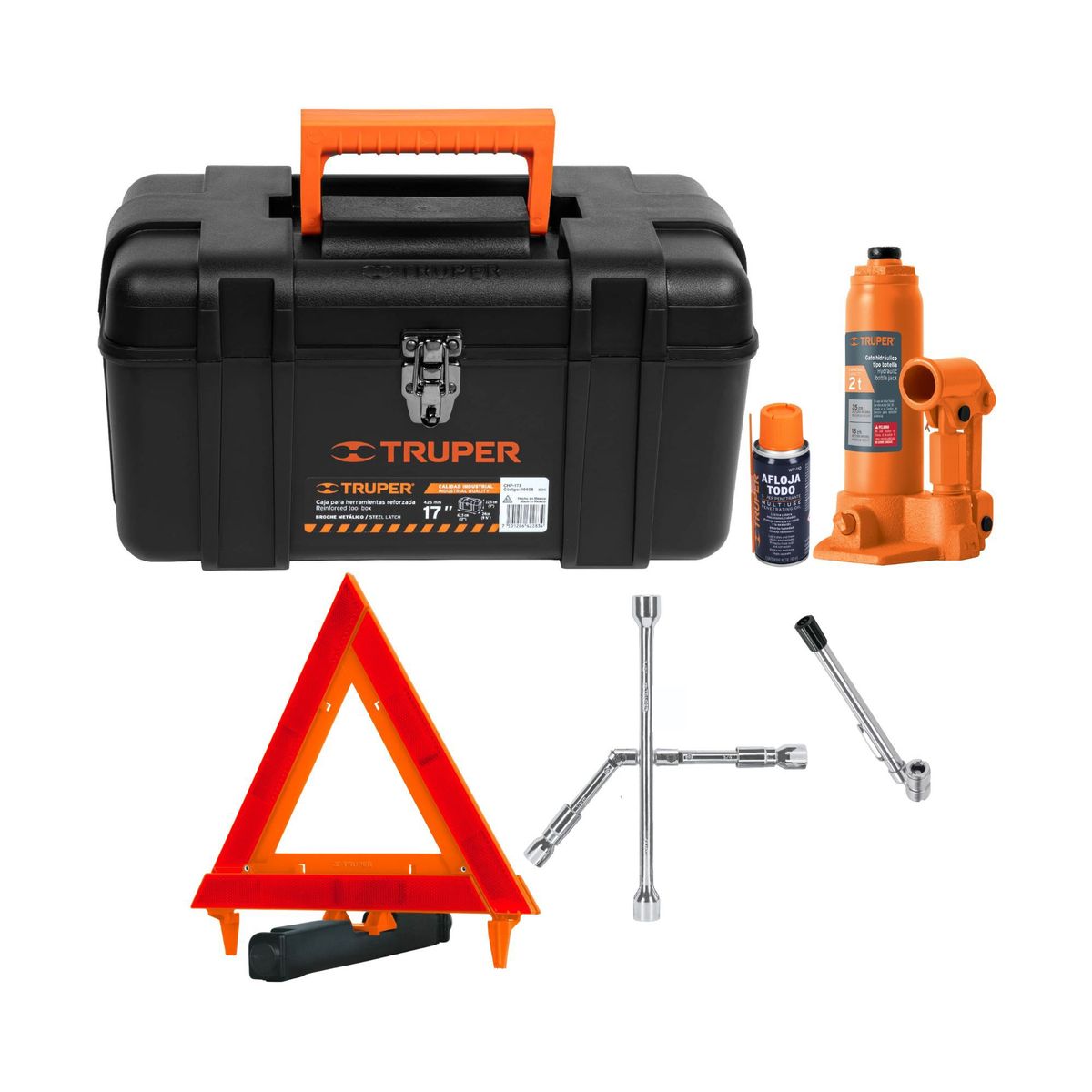 TRUPER - Kit gata botella 2 TN +llave de ruedas +triangulo + medidor