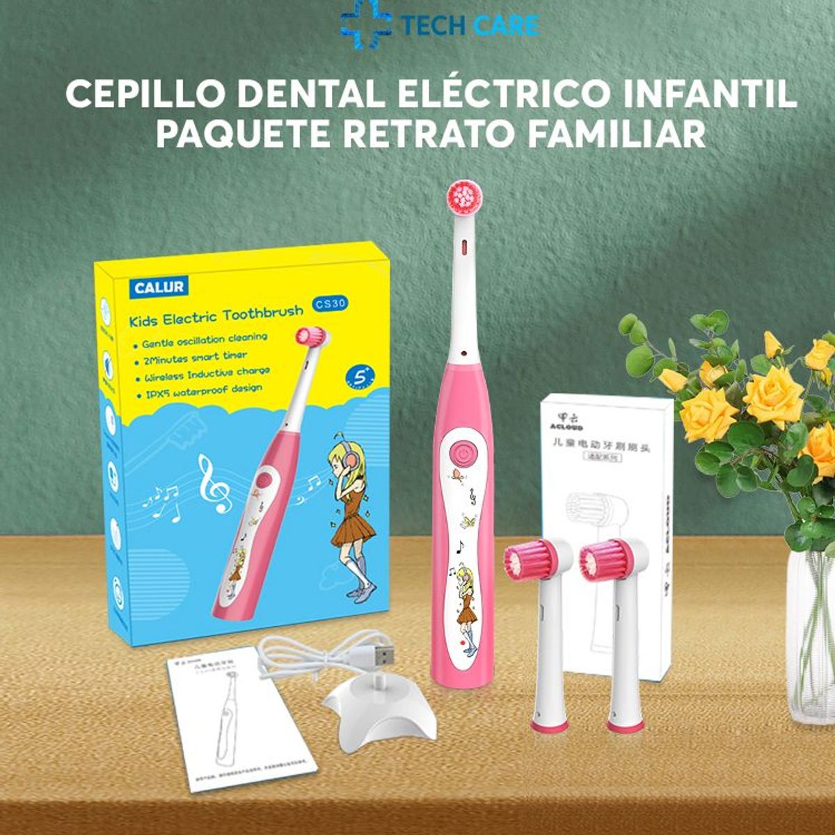 OEM - Cepillo Eléctrico Carga Segura Sonico Rosado Para Niñas+ 3 Cabezales