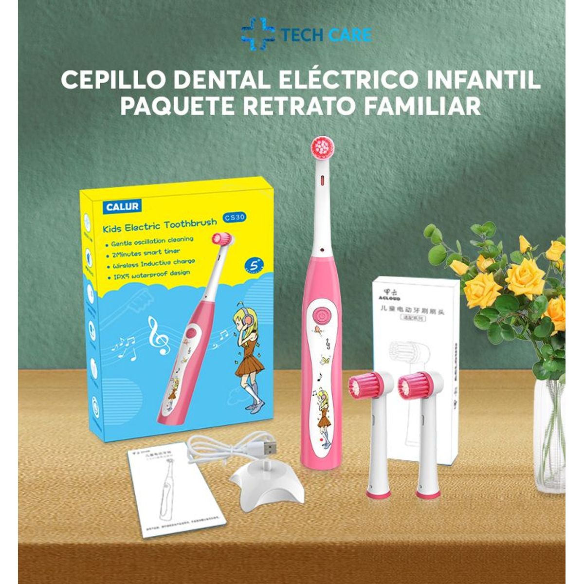 OEM - Cepillo Eléctrico Carga Segura Sonico Rosado Para Niñas+ 3 Cabezales