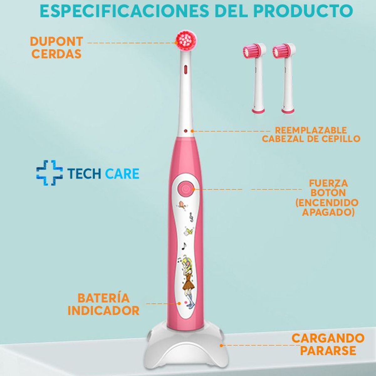 OEM - Cepillo Eléctrico Carga Segura Sonico Rosado Para Niñas+ 3 Cabezales