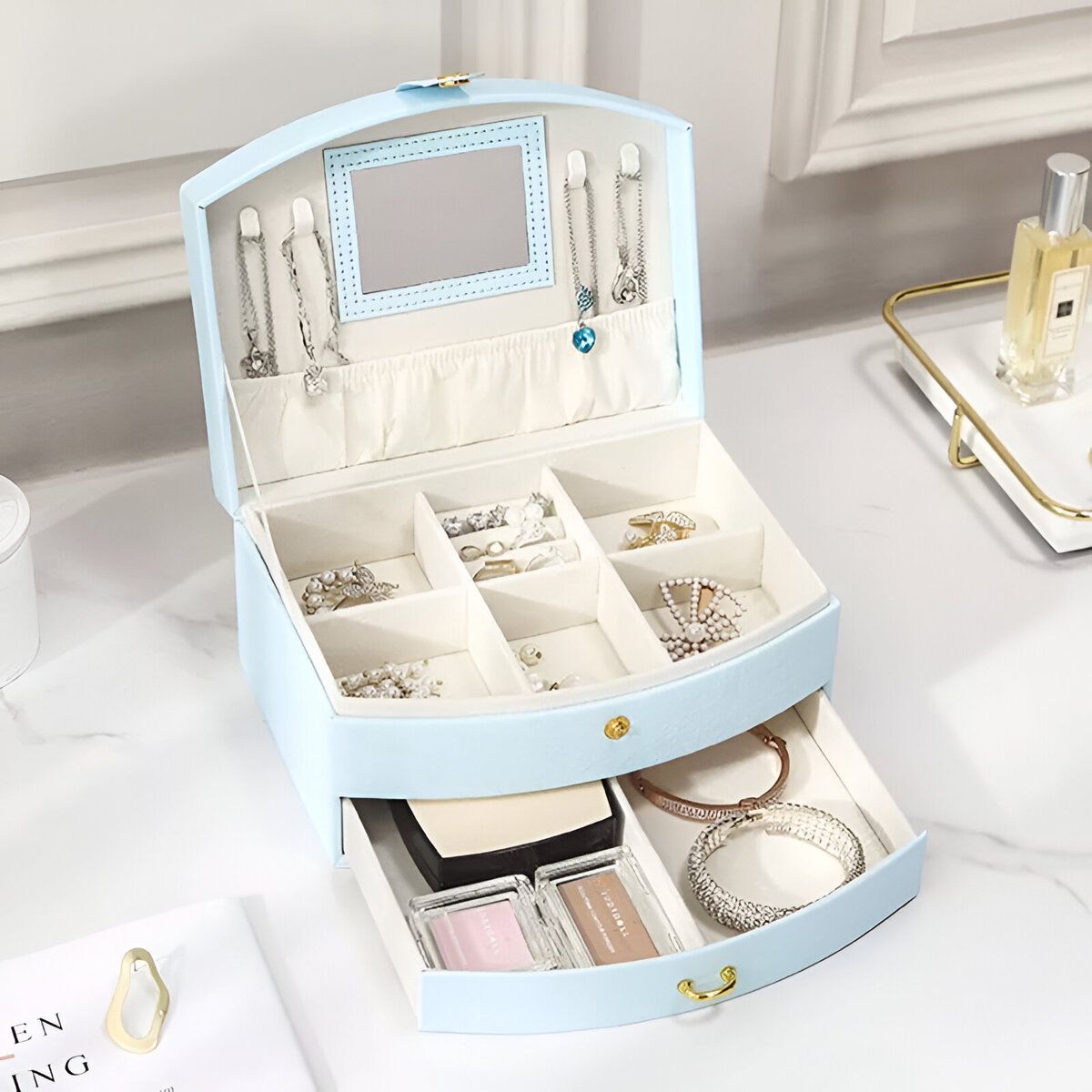 ELMEJORPRECIO - Joyero para aretes collares 2 niveles con espejo M8 Celeste