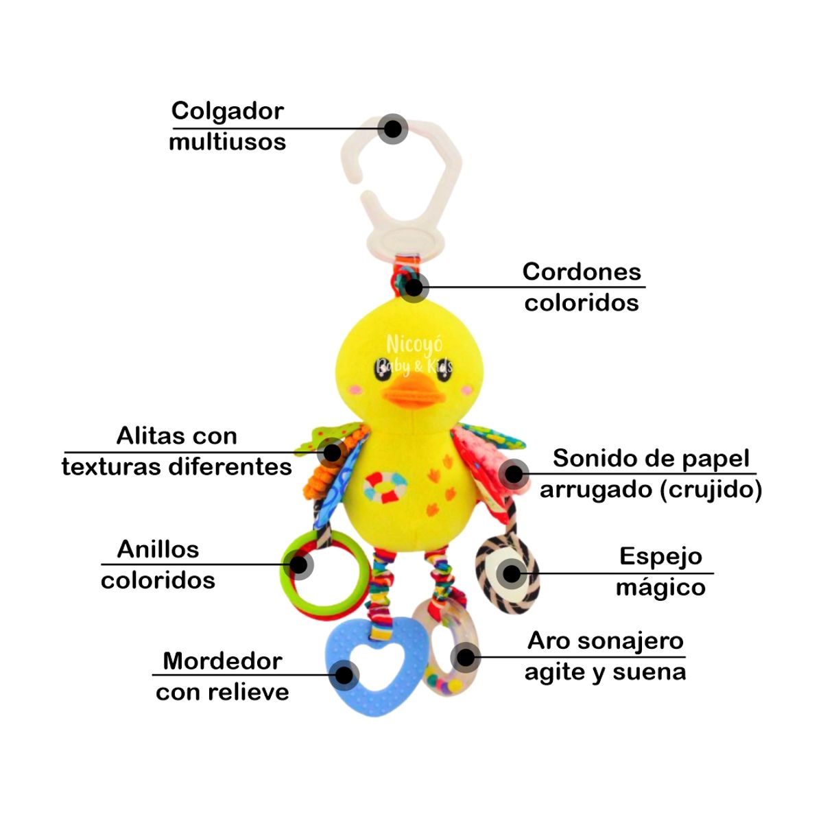 BABY - Peluche Sensorial para Bebés PATITO con Sonajero y Texturas