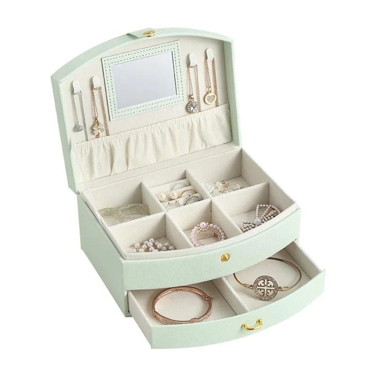 ELMEJORPRECIO - Joyero para aretes collares 2 niveles con espejo M8 Verde