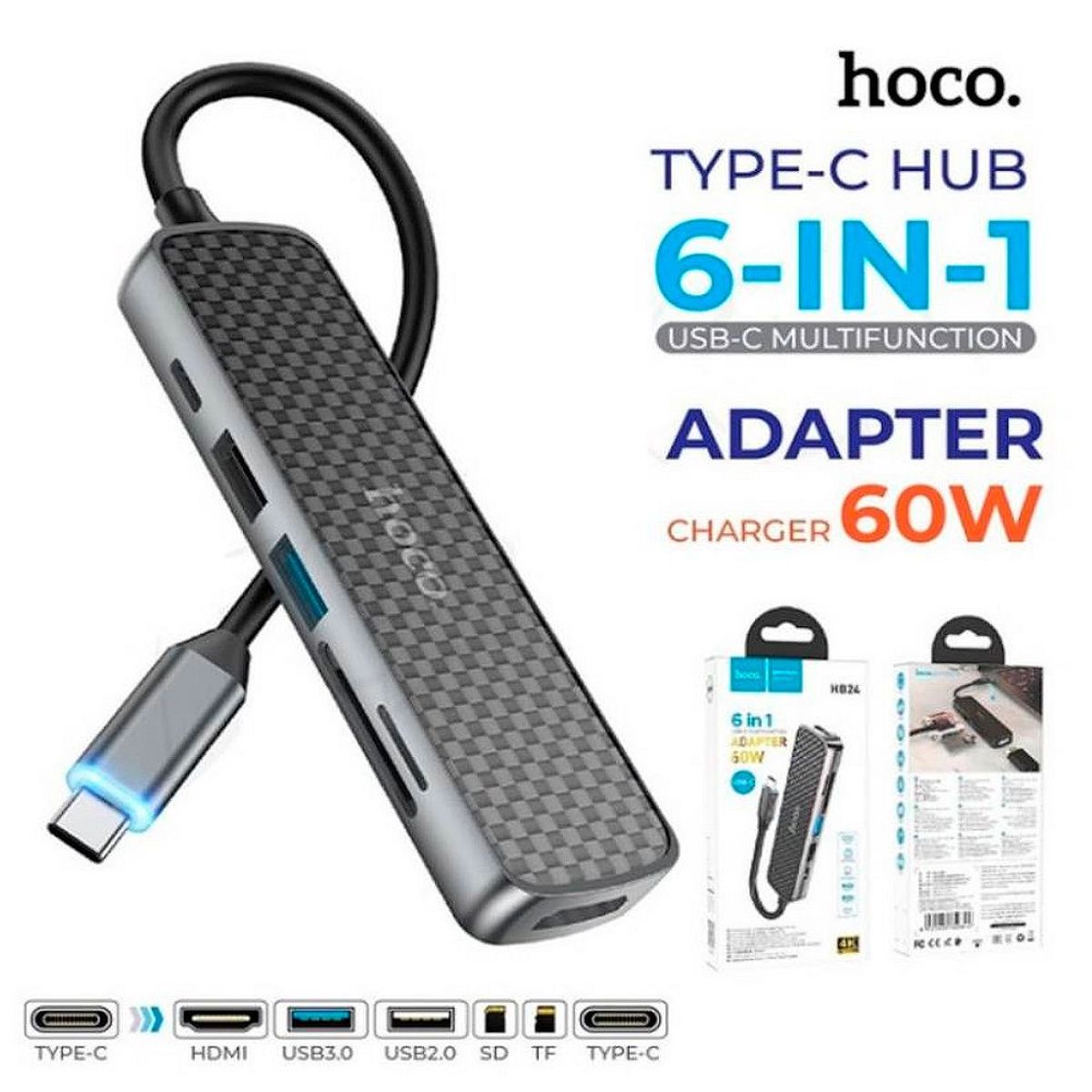 HOCO - Lector Multipuerto Adaptador 6 En 1 Hoco Hb24 Multifunción Usb-c 60w