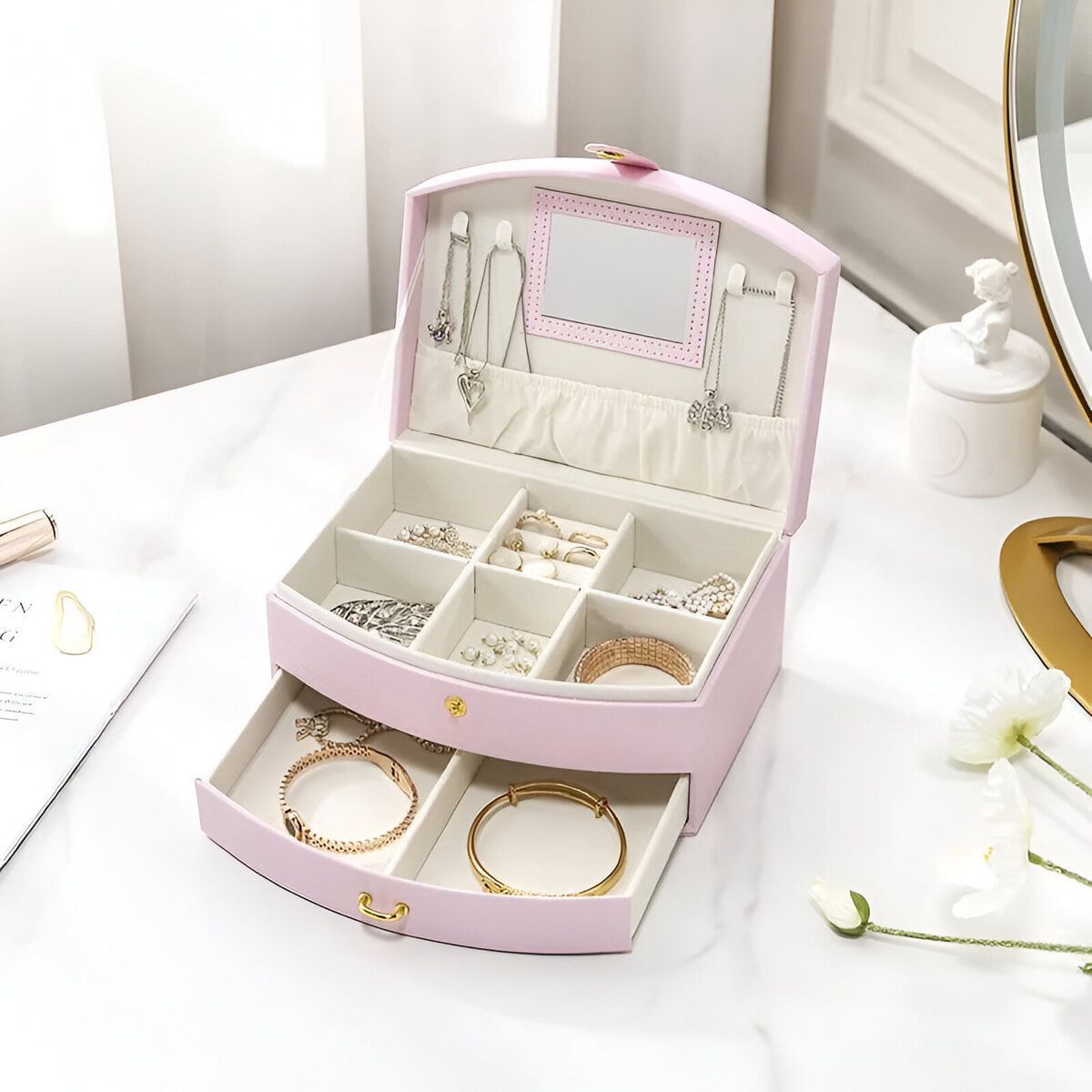 ELMEJORPRECIO - Joyero para aretes collares de 2 niveles con espejo M8 Rosado