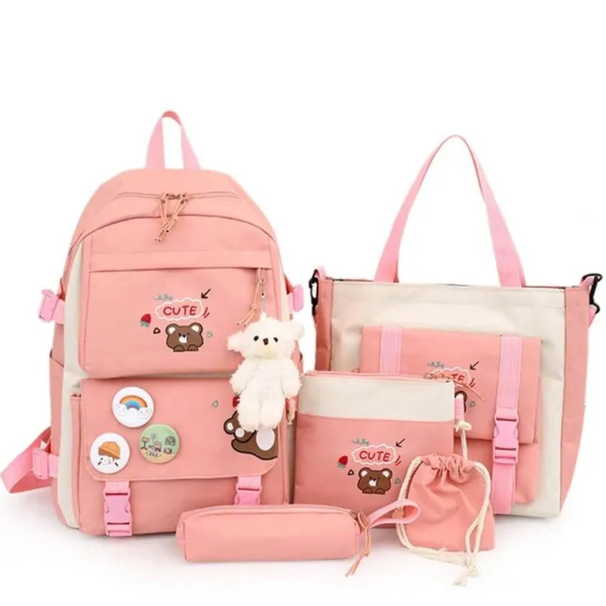 GENERICO - Mochila Coreana Kawai 5 en 1 con pines y peluche - Niñas Colegio