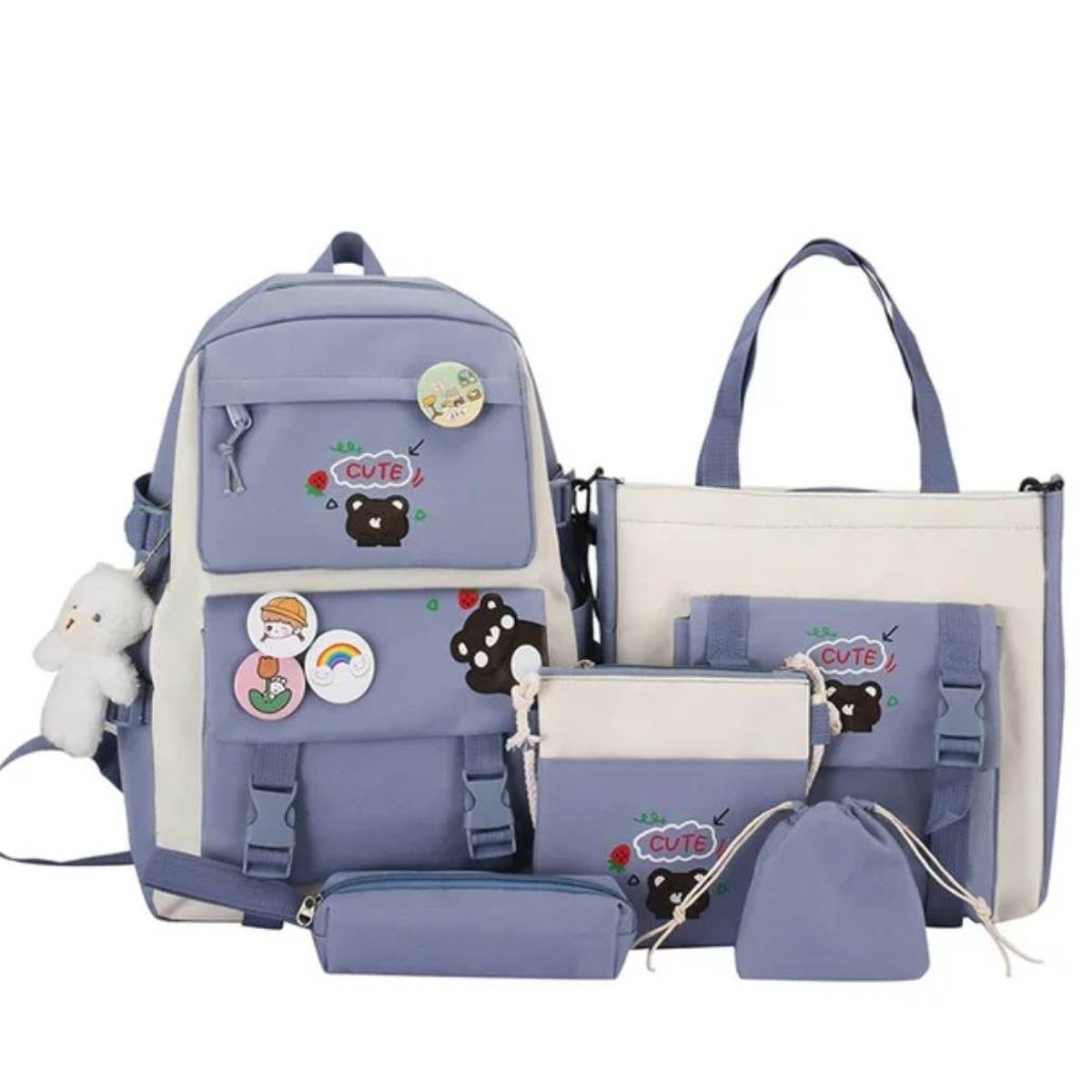 GENERICO - Mochila Coreana Kawai 5 en 1 con pines y peluche - Niñas Colegio